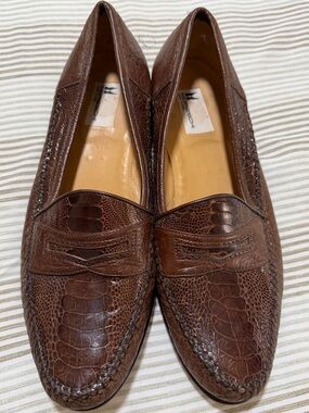 Moreschi Brown Croc-Embossed Leather Penny Loafers